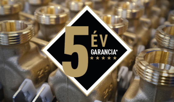 A Resideo 5 éves jótállás logója egy szelepeket ábrázoló képen.